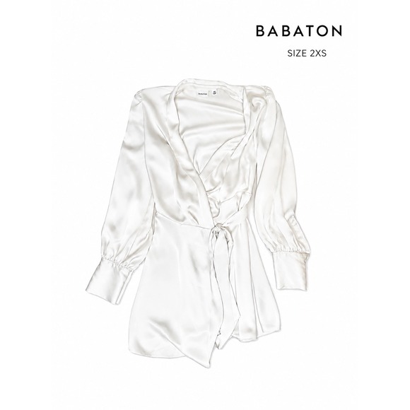 Babaton Dresses & Skirts - Babaton Satin Wrap Mini Dress Ivory 2XS Shawl Collar Tie Waist Long Sleeve
